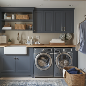 Stylish basement laundry room with Whirlpool appliances and expert plumbing installation.