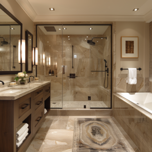 Modern bathroom plumbing remodel with stylish fixtures and efficient water-saving solutions in Madison, WI, Rock & Dane Counties.