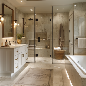 Contemporary basement bathroom with a sleek glass shower enclosure and modern plumbing solutions.