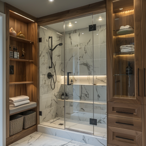 Elegant basement bathroom featuring marble tiles a – Plumbing for basement finishing inspiration.