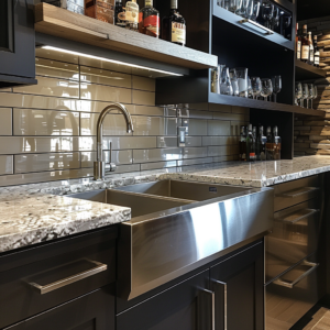 Contemporary basement bar with dual sink setup – Ideal for entertaining in your finished basement.