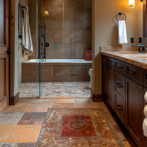 Stylish bathroom remodel featuring upgraded plumbing fixtures.