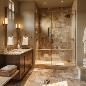 Walk-in shower with custom fixtures – Piping Pro Plumbing bathroom plumbing remodel project.