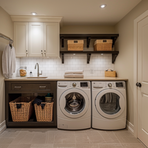 Functional basement laundry room with utility sink.