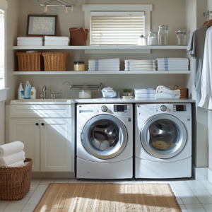 Compact basement laundry room with space-saving plumbing solutions