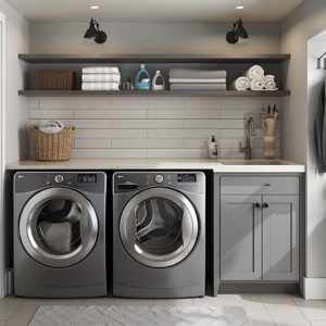 Modern basement laundry room with utility sink
