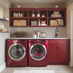 Spacious basement laundry room with professional plumbing fixtures.