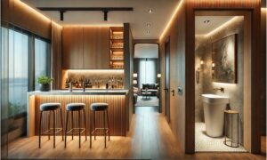 Finished basement featuring a stylish wet bar with modern design and high-quality plumbing.