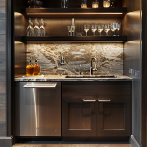 Elegant wet bar with undermount sink and custom countertops – Perfect for basement finishing inspiration.