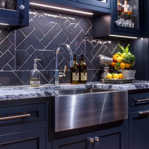 Inspirational modern basement wet bar with a sleek stainless steel sink – Plumbing for basement finishing by Piping Pro Plumbing.