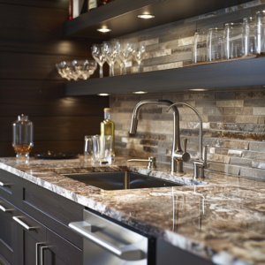 Sleek wet bar with single sink and solid surface countertop – Plumbing for basement finishing ideas.