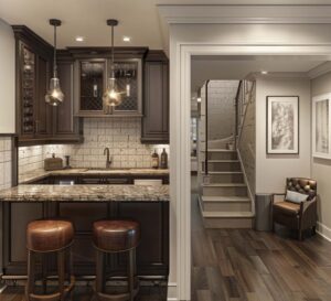 Modern basement kitchen with high-end fixtures and professional plumbing for basement finishing.