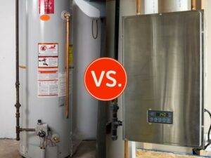 Tankless vs. tank commercial water heater comparison highlighting energy efficiency and performance.