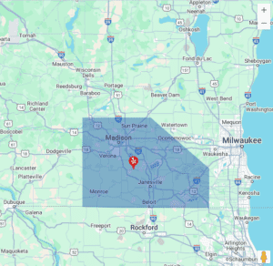 Service area map for Piping Pro Plumbing, highlighting coverage across Dane, Rock, and Green counties in Wisconsin, including Madison, Sun Prairie, Middleton, Verona, Janesville, and Stoughton.