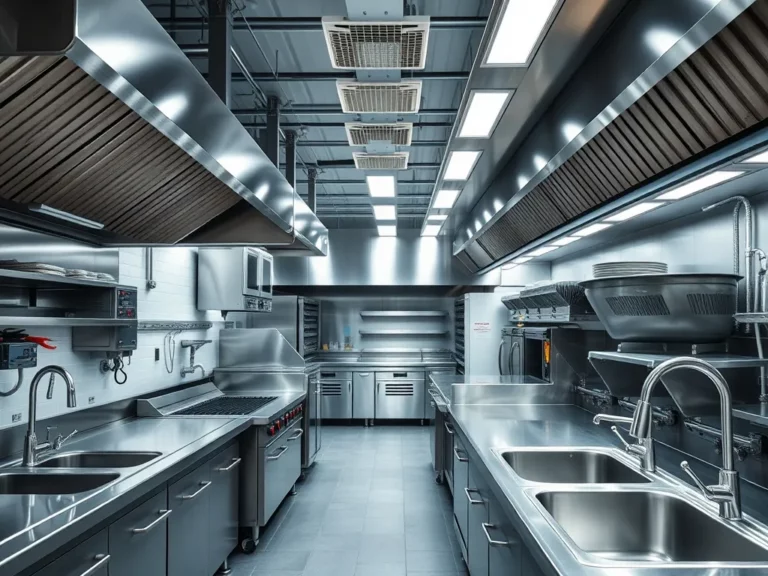 A commercial kitchen with stainless steel sinks, industrial plumbing, and professional-grade appliances, highlighting expert commercial kitchen plumbing services in Southern WI.