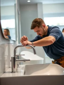 Professional plumber installing a modern faucet on a stylish bathroom sink.