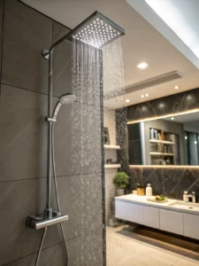 Modern rainfall showerhead with handheld attachment, featuring sleek chrome design and water-efficient flow.
