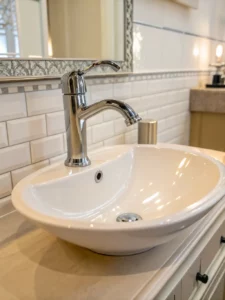 Elegant white vessel sink with a chrome faucet installed on a modern vanity with a tiled backsplash.