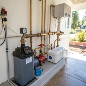 A professionally installed commercial backflow prevention system featuring brass piping, valves, and a backflow preventer device to protect potable water supply from contamination.