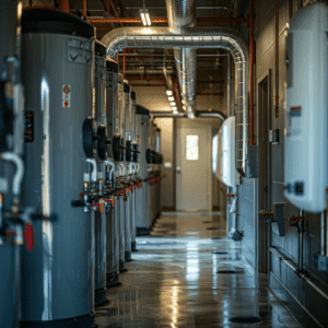 Row of high-efficiency commercial water heaters installed in an apartment complex.