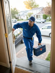 Service technician arriving at a customer’s home in Sun Prairie, WI, for professional plumbing services.