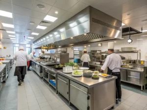 A fully equipped commercial kitchen with professional-grade appliances, sinks, and plumbing fixtures, showcasing expert commercial kitchen plumbing solutions by Piping Pro Plumbing.
