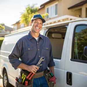 A professional plumber standing next to a branded work van, representing the reliable plumbing services offered by Piping Pro Plumbing in Madison, Stoughton, and Janesville.