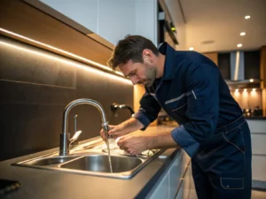 A professional plumber inspecting a commercial kitchen sink, representing the expert commercial kitchen plumbing services offered by Piping Pro Plumbing.