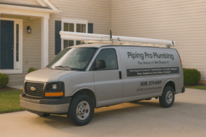 Piping Pro Plumbing service van parked in front of a home in Southern Wisconsin, ready for same-day plumbing service