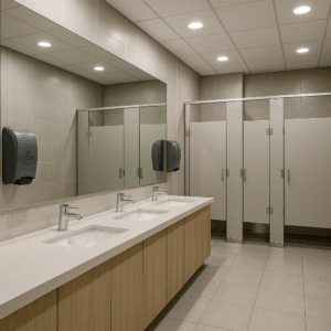 Modern commercial bathroom with multiple sinks and stalls, showing clean professional plumbing installation in Madison Wisconsin