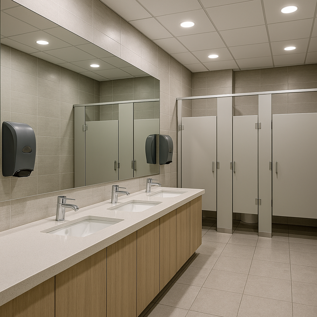 Modern commercial bathroom with multiple sinks and stalls, showing clean professional plumbing installation in Madison Wisconsin