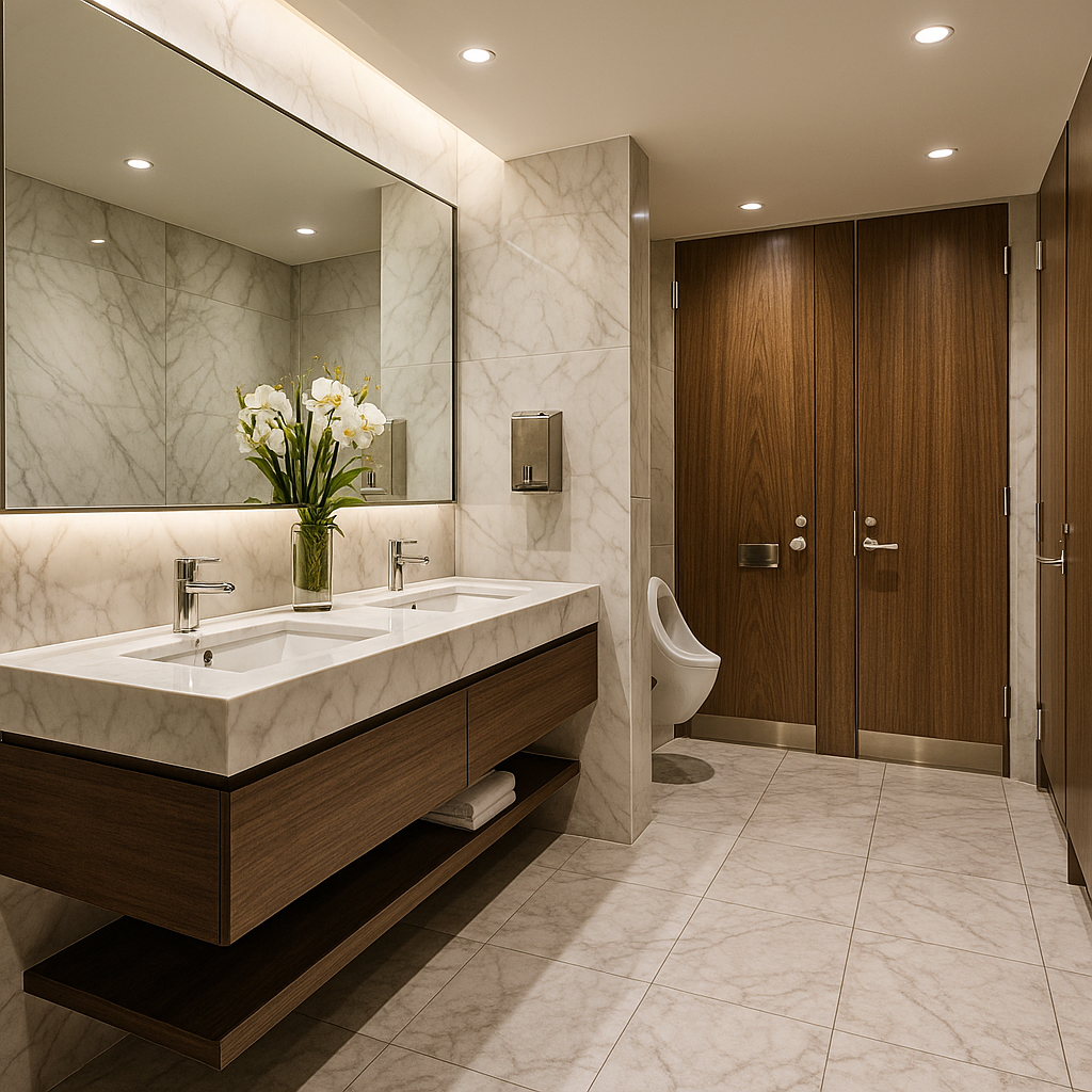 Upscale commercial bathroom with double sinks and modern fixtures installed by Piping Pro Plumbing in Madison WI