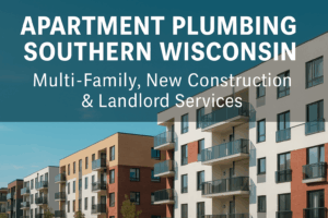 Modern apartment buildings in Southern Wisconsin, promoting multi-family plumbing services in Madison, Janesville, Stoughton, in and around Rock, Dane and Green County, Wisconsin.