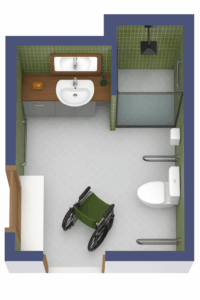 ADA-accessible commercial restroom layout with wheelchair turning space, compliant sink access, and modern fixtures.