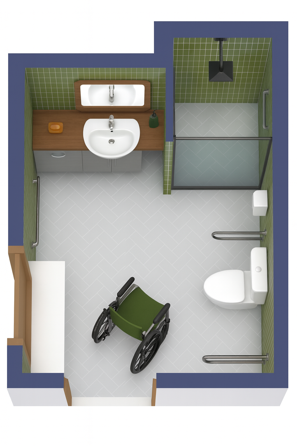 ADA-accessible commercial restroom layout with wheelchair turning space, compliant sink access, and modern fixtures.