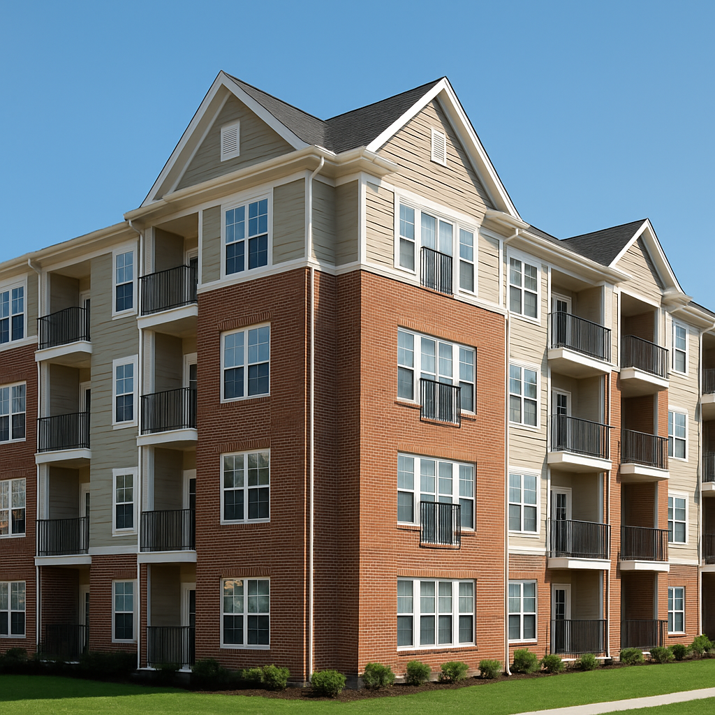 Four-story apartment building with red brick and beige siding in a suburban Southern Wisconsin neighborhood.