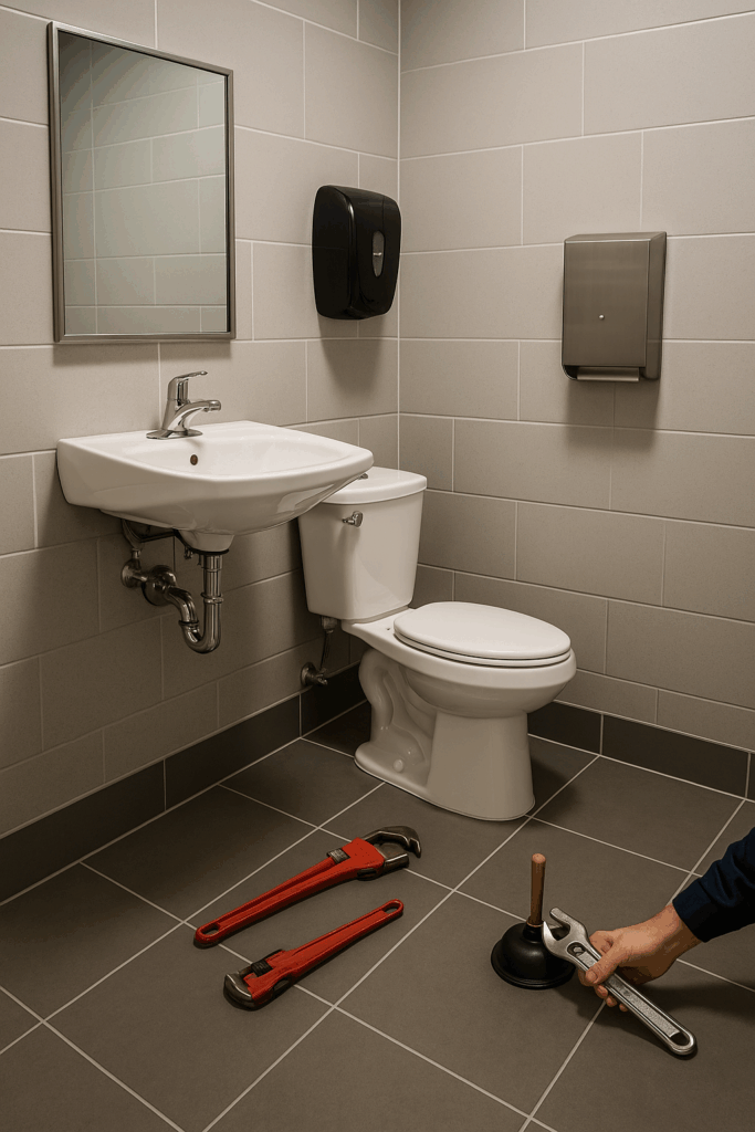 Clean modern commercial restroom with toilet, sink, and dispenser fixtures installed professionally in Janesville, WI.