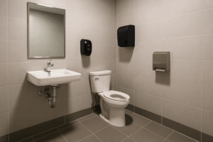 Commercial restroom repair featuring a wall-mounted sink and toilet serviced by Piping Pro Plumbing in Wisconsin.
