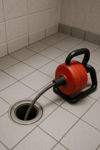 Drain auger inserted into an open floor clean-out in a commercial restroom in Janesville, WI.