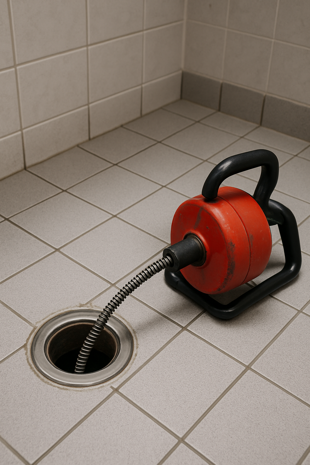 Drain auger inserted into an open floor clean-out in a commercial restroom in Janesville, WI.