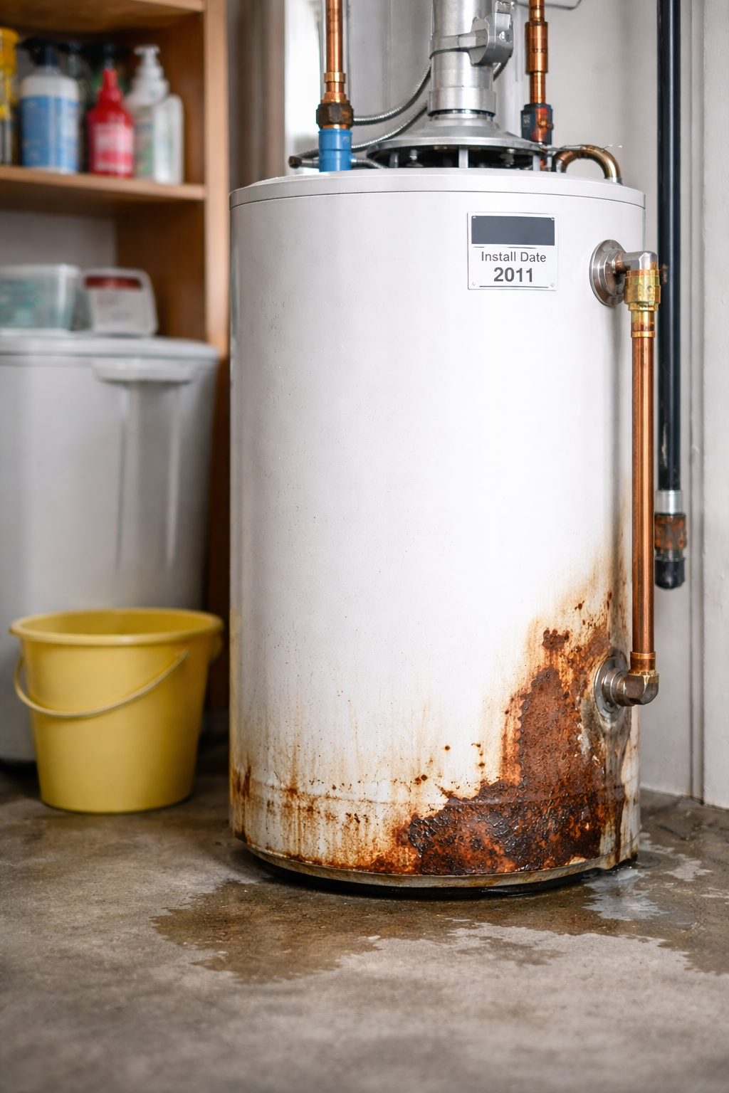 Early warning signs of water heater failure in a residential utility room