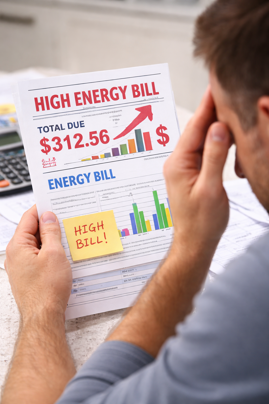 Homeowner reviewing a high energy bill caused by an inefficient water heater