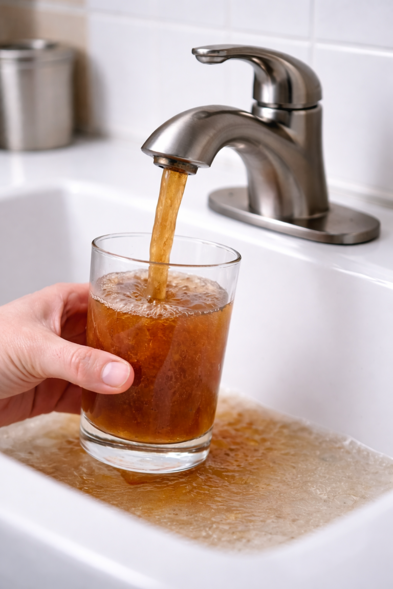 Rust-colored water coming from a faucet caused by corrosion inside a water heater
