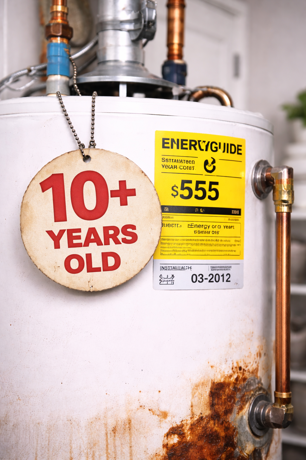 Residential water heater over 10 years old showing age label and corrosion