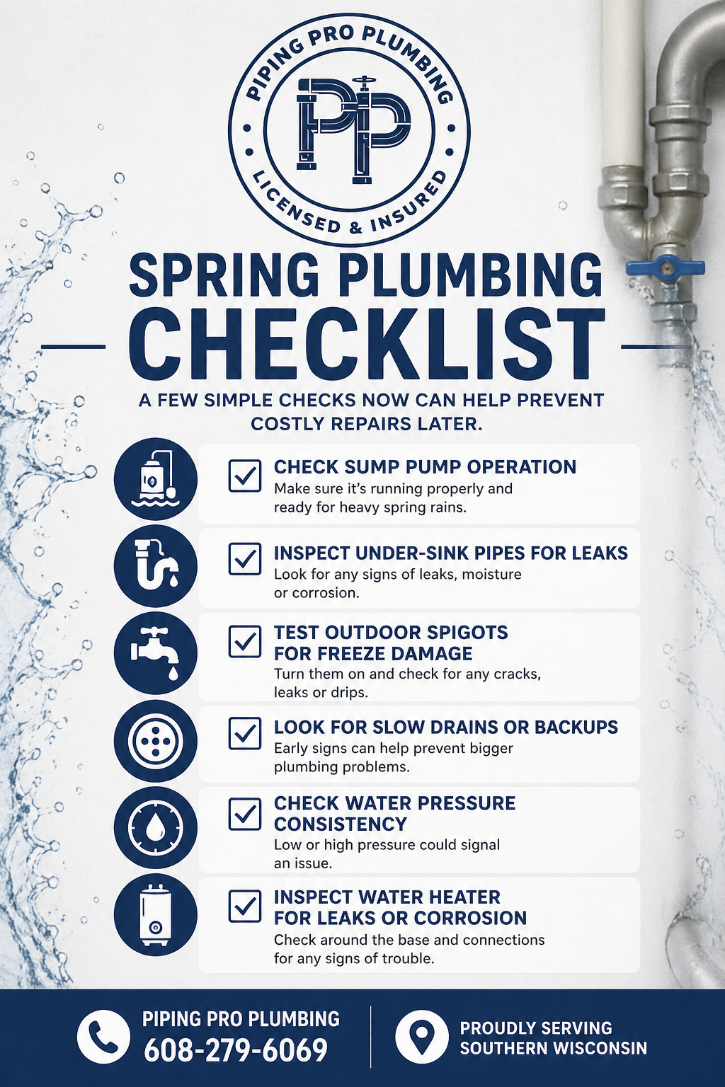 spring plumbing checklist infographic for homeowners in Southern Wisconsin including sump pump and leak inspection
