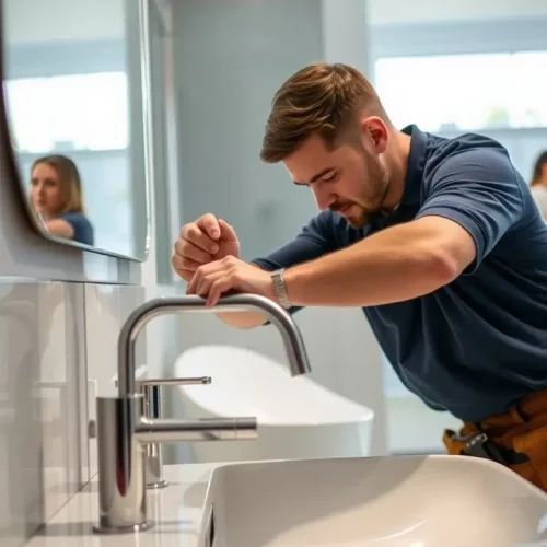 Professional plumber installing a modern faucet on a stylish bathroom sink.